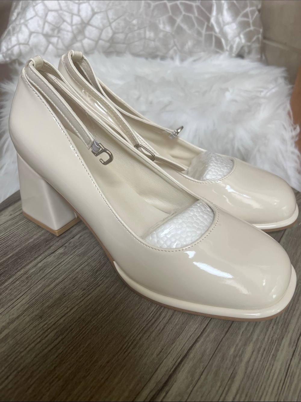 Cream Patent Block Heel Mary Jane Pumps